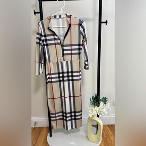 Women’s Plaid Midi Dress Quarter Zip Long Sleeve Work Office Fall Medium
